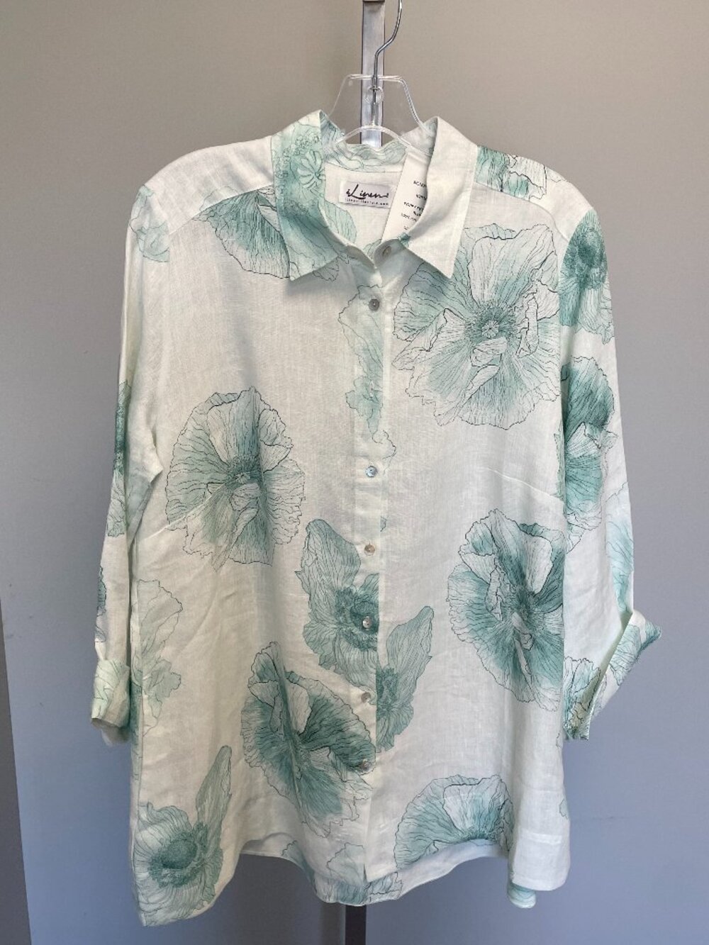 iLinen Floral Blouse 100% Linen XL Eggshell Blue NWT